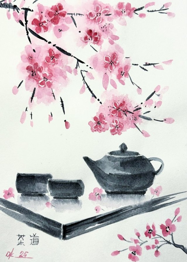 Ceremonia picia herbaty. japońskie malarstwo sumi-e. Original Akwarela A4+