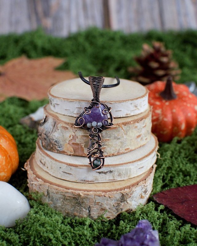 Wisior grzybek ametyst labradoryt agat mszysty antyczna miedź jesień