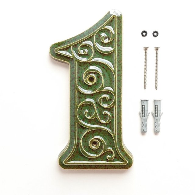 Numer domu, cyfra 1, zielono-brązowa, do przykręcenia