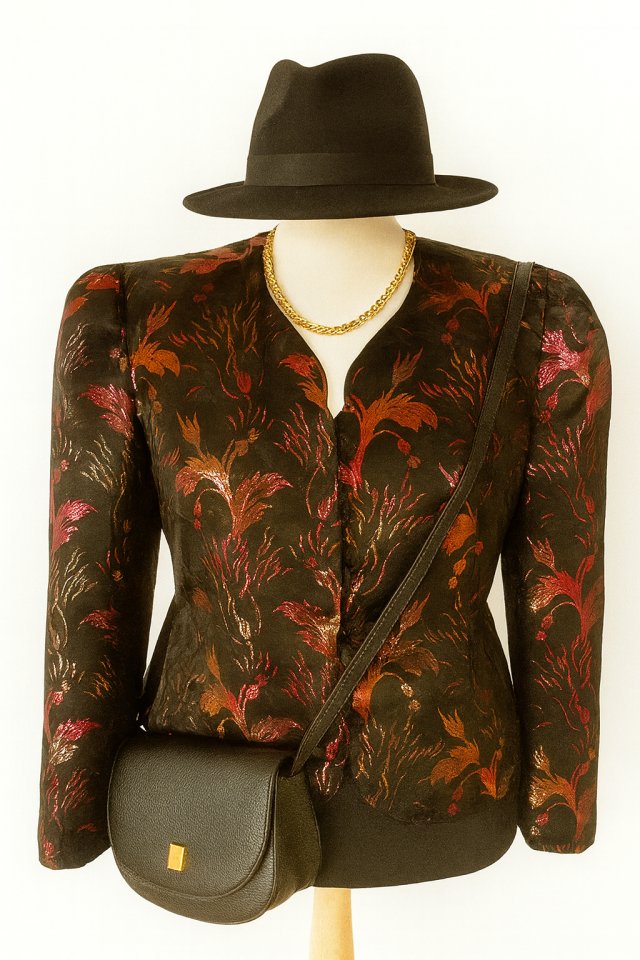 Marynarka artystyczna retro Vintage zdobiony połyskującym wzorem unikatowa elegancka