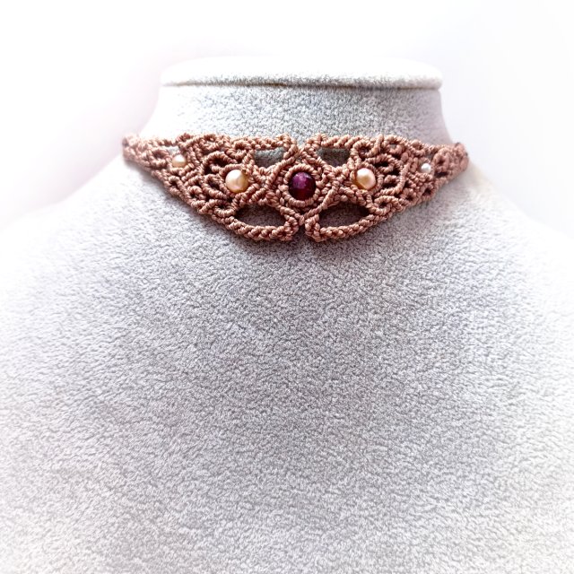 FLORENCJA naszyjnik pleciony z granatem i perłą ażurowy makrama boho chic