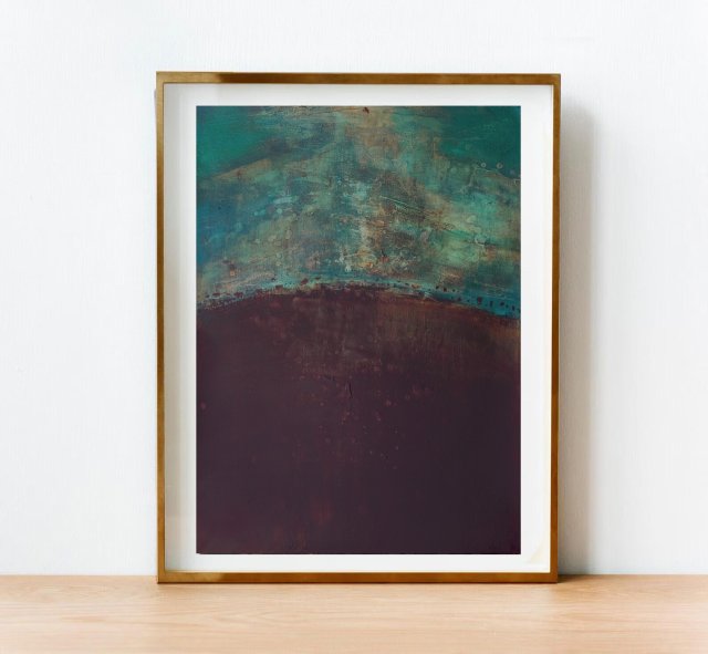 Obraz abstrakcyjny  – akryl na papierze, teal, turkus i brąz