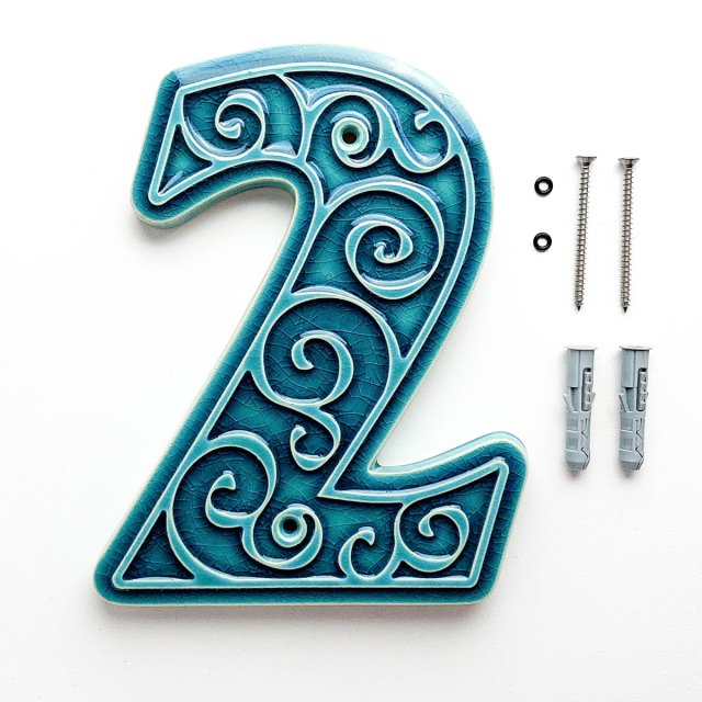 numer domu, cyfra 2, turkusowa, do przykręcenia