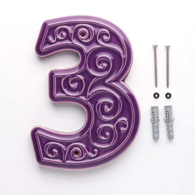 numer domu, cyfra 3, fioletowa, do przykręcenia