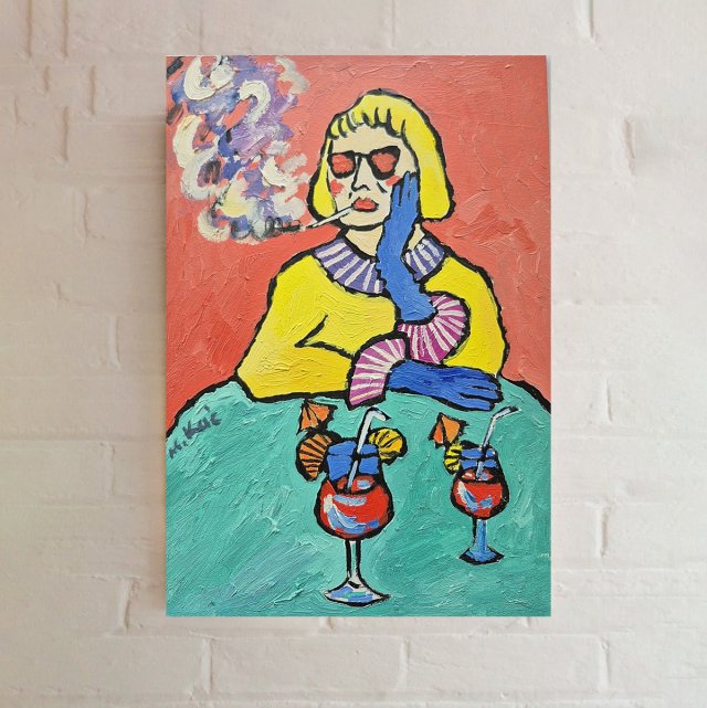 obraz do salonu olejny portret babci z drinkiem