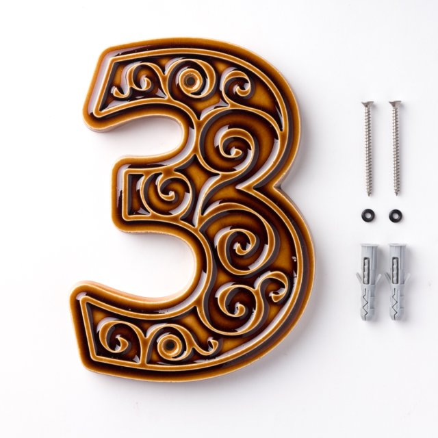 numer domu, cyfra 3 brązowo-miodowa, do przykręcenia