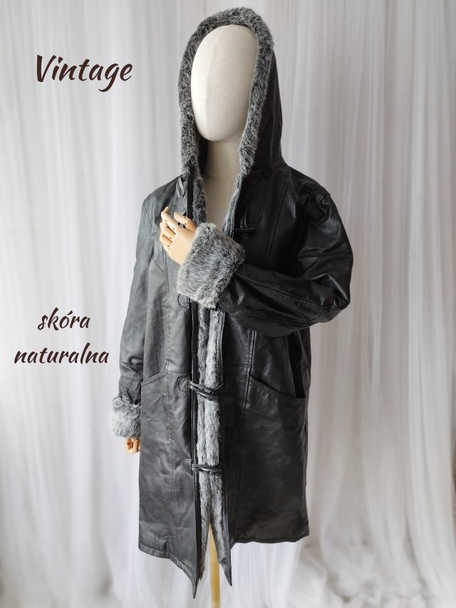 Vintage płaszcz damski czarny 40 L kaptur sztuczne futro