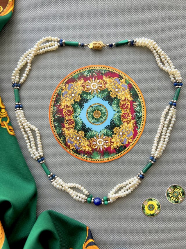 Art Italy Necklace ❤ lapis lazuli, malachite and pearls ❤ Stworzony przez naturę ❤