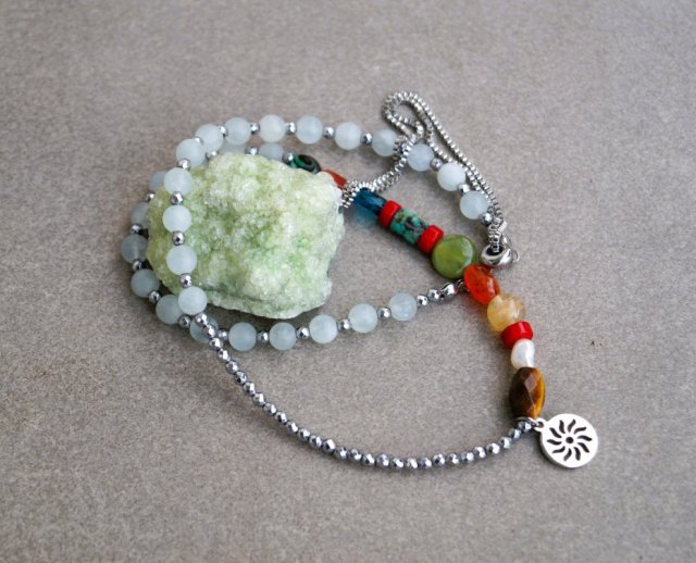 Naszyjnik z akwamarynem, terahertzem i kamieniami naturalnymi