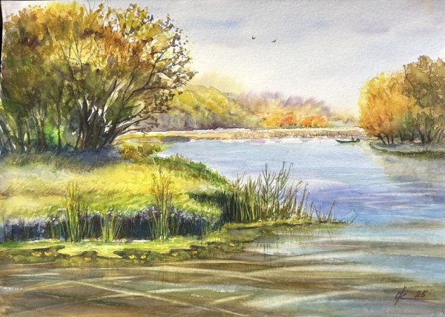 Letni dzień nad rzeką. 30/42cm. Original Akwarela A3