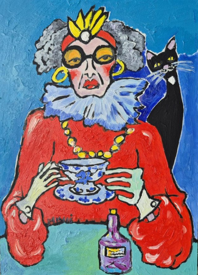 obraz do salonu  portret popołudniowa herbatka z kotem