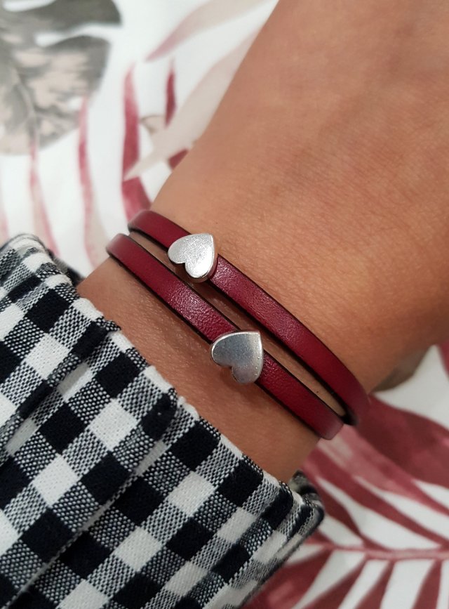 BRANSOLETKA SKÓRZANA MAGNETOOS DOUBLE HEART BORDO