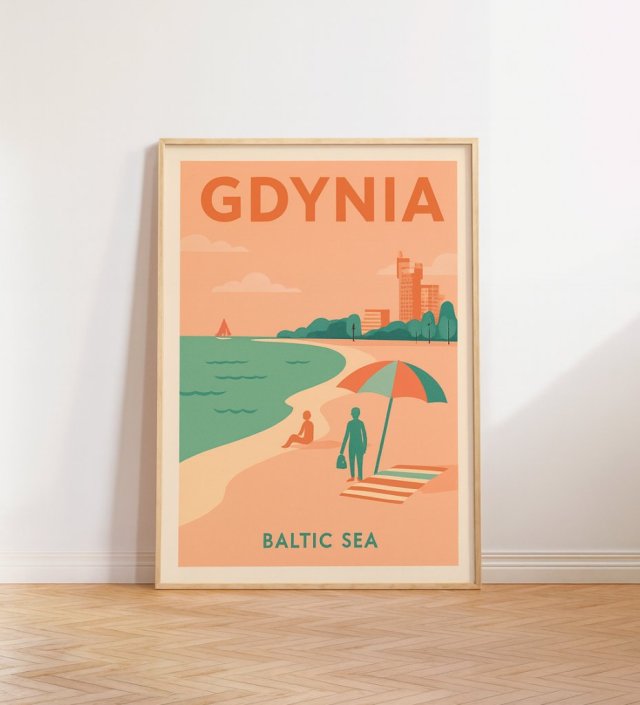 Plakat Gdynia Beach – Morze Bałtyckie | Retro plakat podróżniczy w stylu PRL | Grafika do samodzielnego wydruku