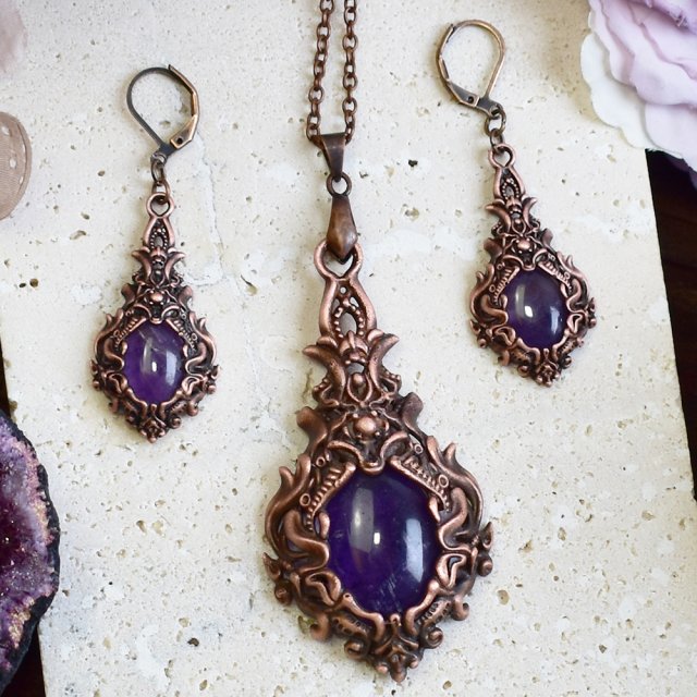 Wiktoriański miedziany zestaw - kolczyki i wisiorek z ametystem #S2