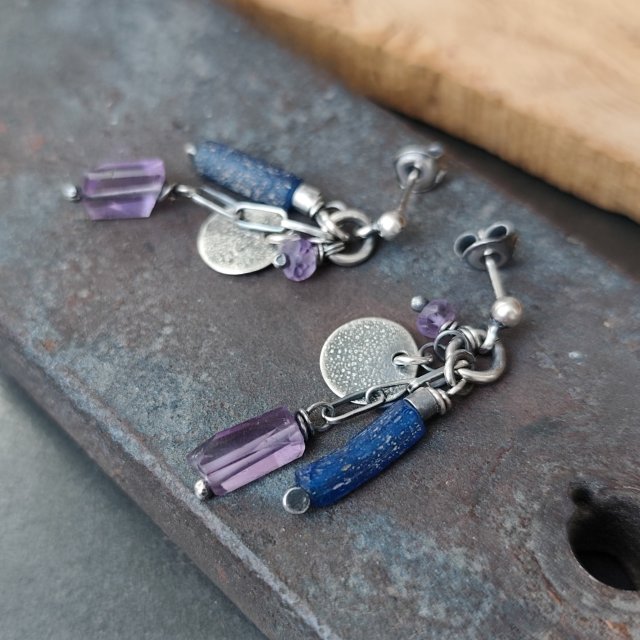 Kolczyki z ametystem i szkłem afgańskim