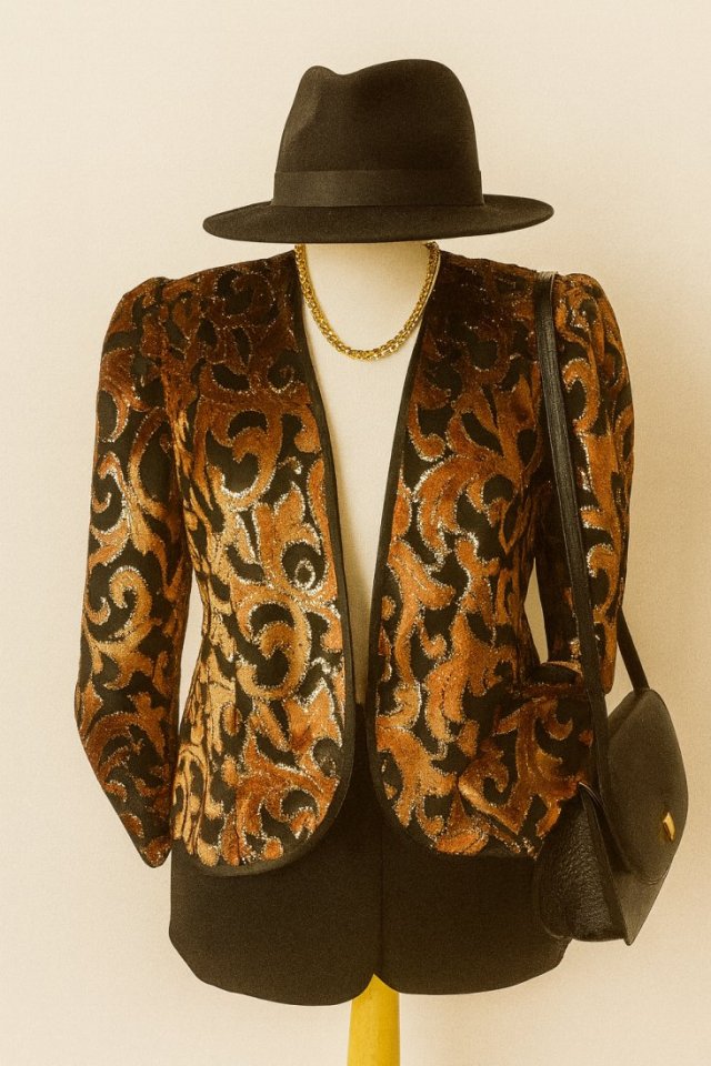Marynarka artystyczna retro Vintage zdobiony połyskującym wzorem unikatowa elegancka