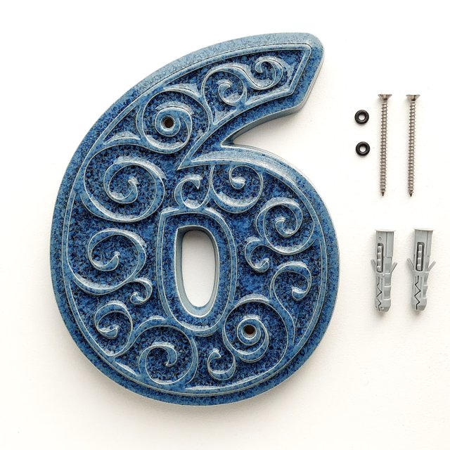 numer domu, cyfra 6 szaroniebieska, do przykręcenia