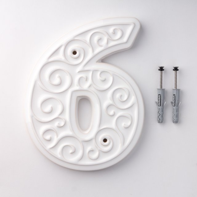 numer domu, cyfra 6 biała, do przykręcenia