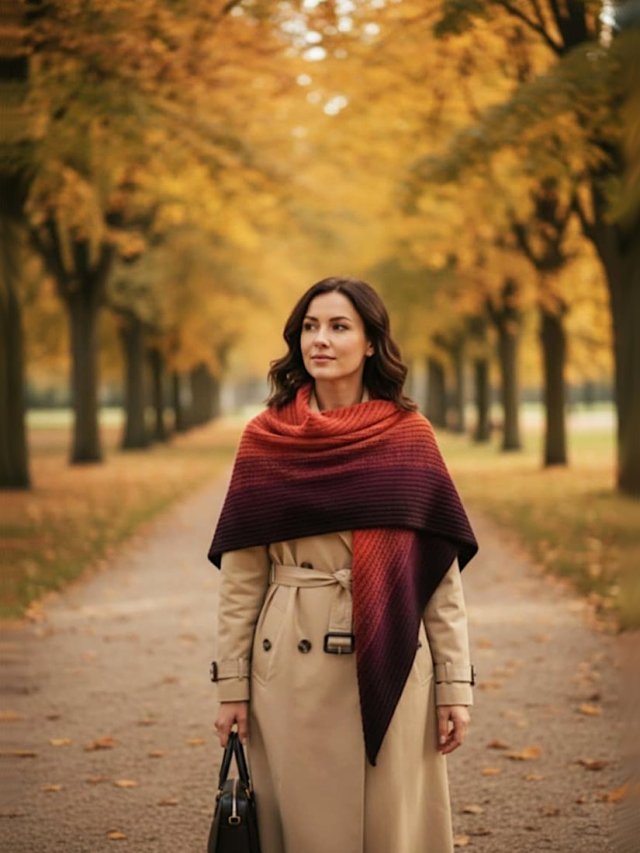 Duża chusta szydełkowa z wełny merynos cegła wino czekolada