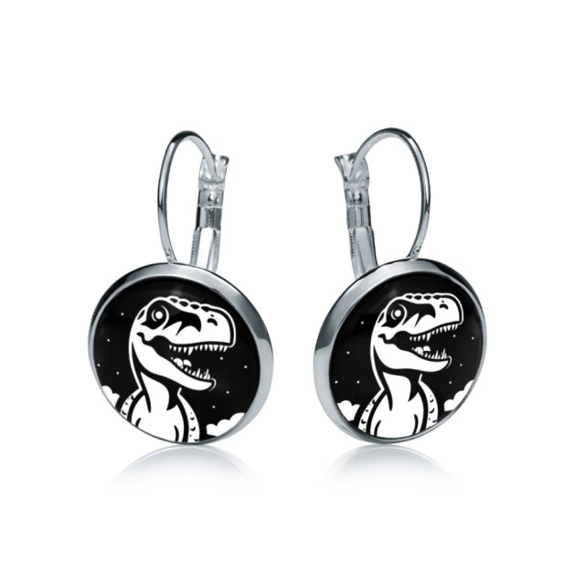 Kolczyki wiszące T-REX Dino Czarno-Białe Srebrne Zabawne Prezent