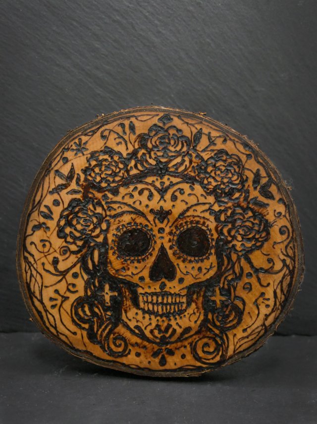 Podkładka - Czaszka meksykańska - Dia de los Muertos - pirografia, drewno gruszy, halloween, prezent, oryginalny upominek