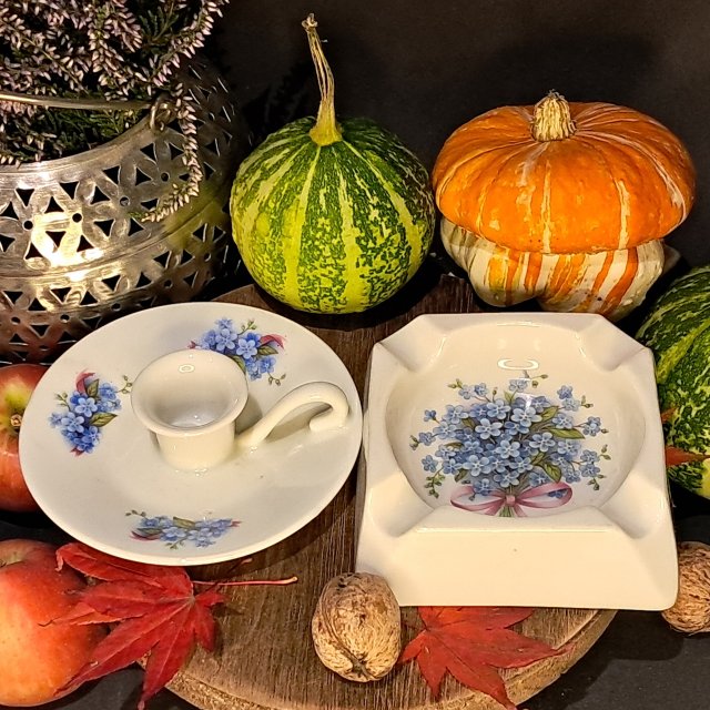 Porcelanowa popielniczka i świecznik niezapominajki