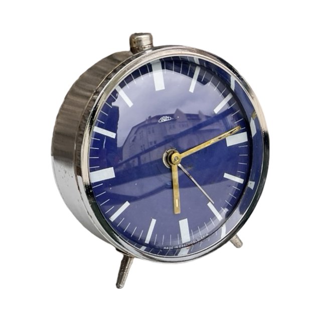 Chromowany budzik PRIM, mechaniczny zegar vintage, Czechosłowacja, lata 70.