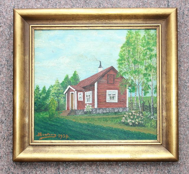 Pejzaż szwedzki domek 1939 r olejny