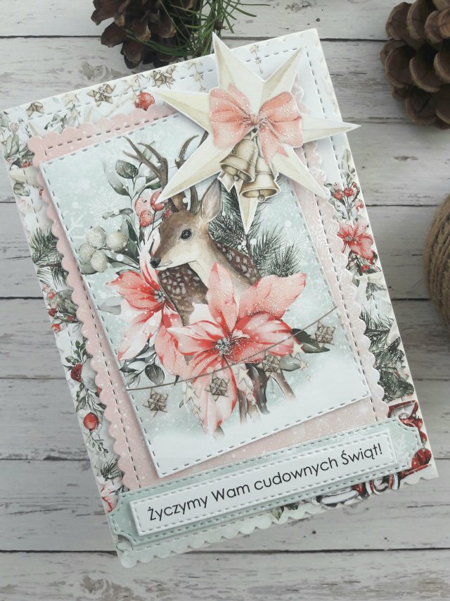 Kartka świąteczna w różu z jelonkiem