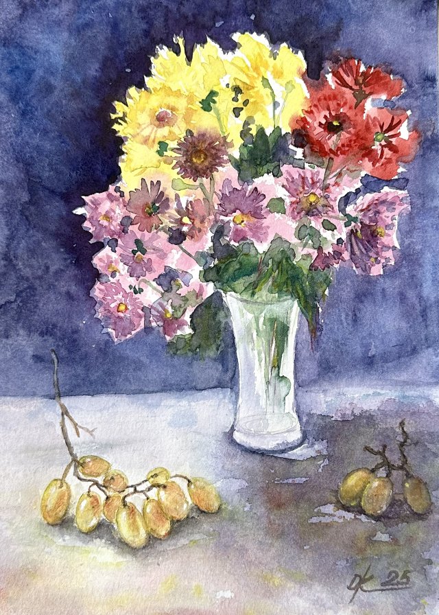 Chryzantemy i winogrona  Original Akwarela A4