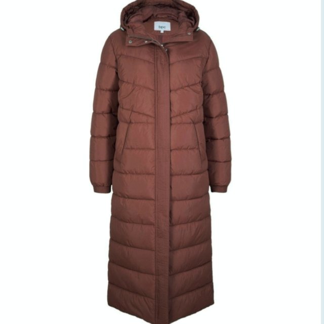 Brązowy Płaszcz Puchowy Zimowy 42 XL Długa Kurtka Ocieplana