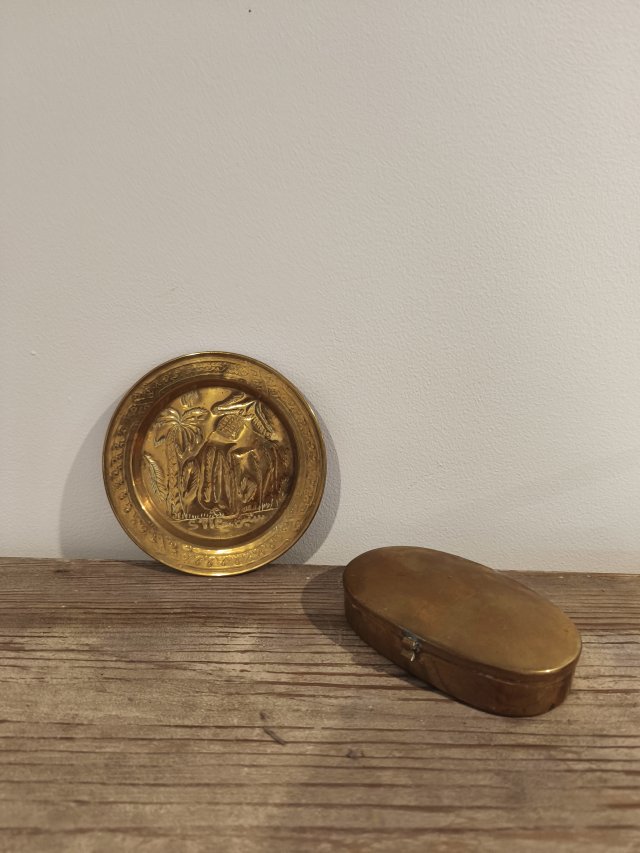 Stary mosiężny talerzyk i puzderko vintage.