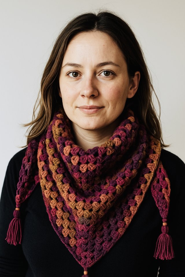 Ciepła kolorowa chusta Granny z chwostami ręcznie robiona