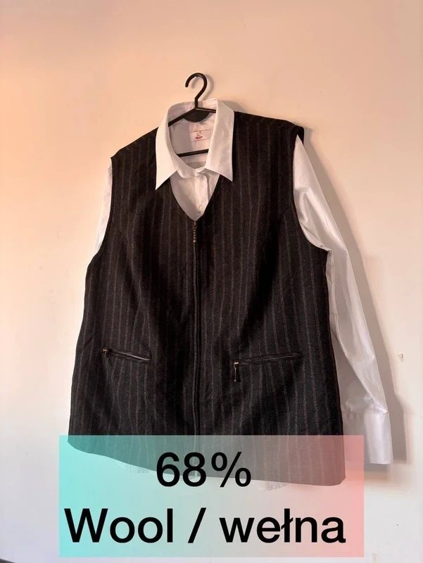 Ciemnoszara kamizelka w prążki, zapinana na suwak wełniana 4XL / 48