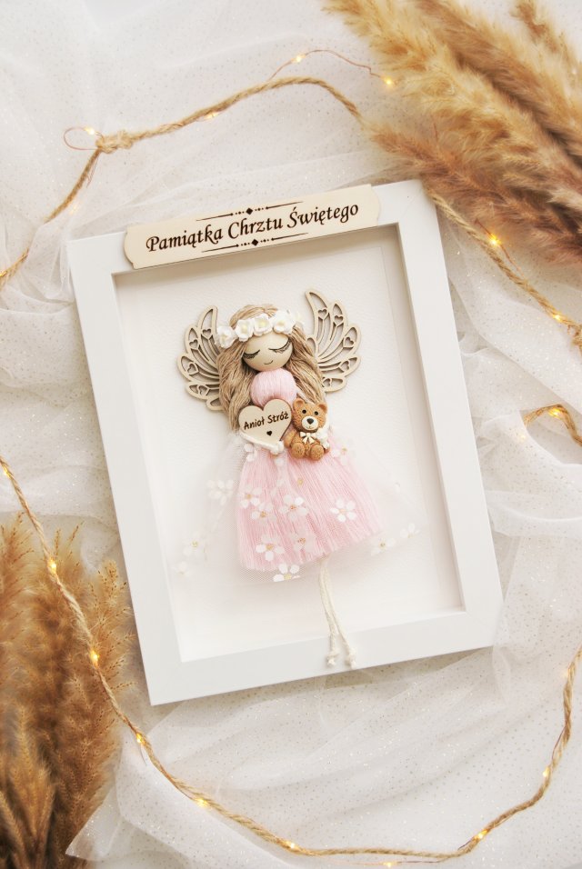Pamiątka Chrztu Świętego dla dziewczynki - pudrowy róż Anioł Stróż