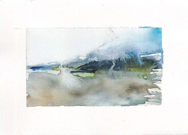 Fiordy akwarela pejzaż deszczowy A5