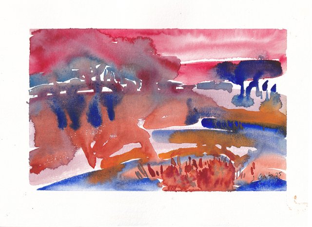 Abstrakcyjny pejzaż "Czerwona łąka" akwarela A4