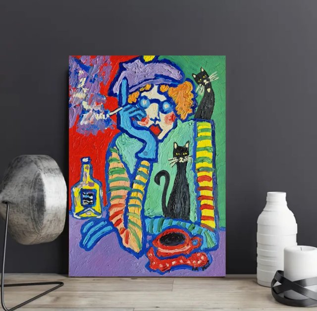 obraz do salonu olejny portret babci z kawką