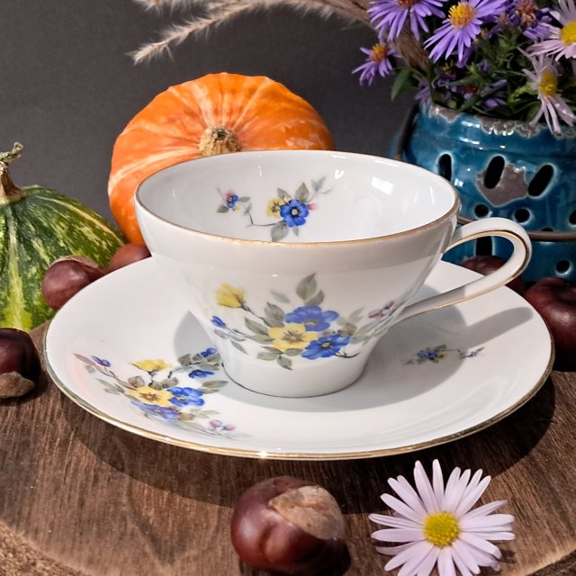 Niemiecka porcelana filiżanka i spodek żółte i niebieskie kwiaty