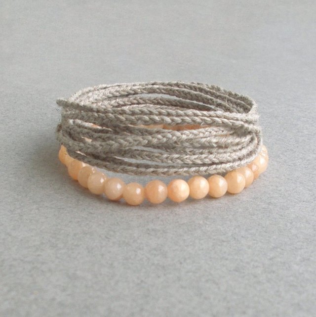 Brzoskwiniowy agat i naturalny len Bransoletki