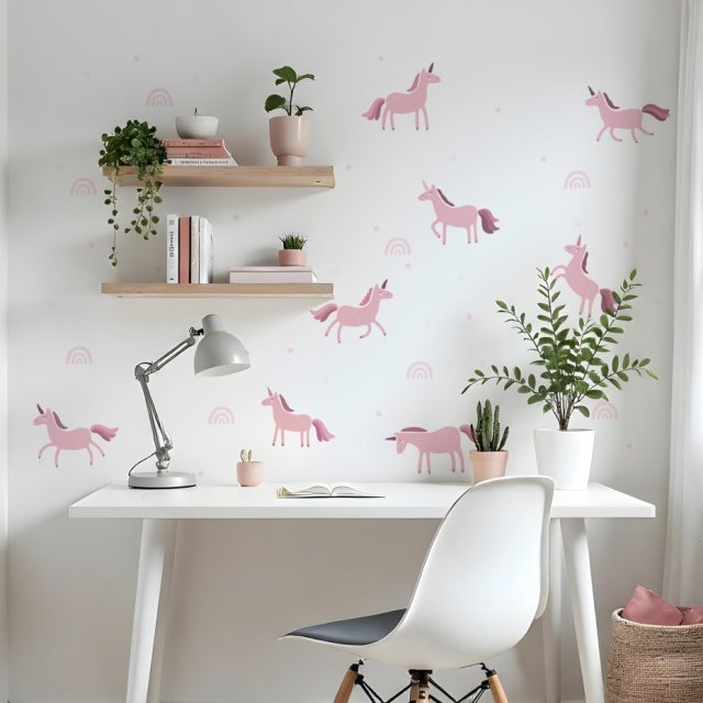 Naklejki Ścienne Jednorożce – Różowe Naklejki do Pokoju Dziecka, Pegazy w różnych Pozach z Tęczami, Jednorożec Dekoracje