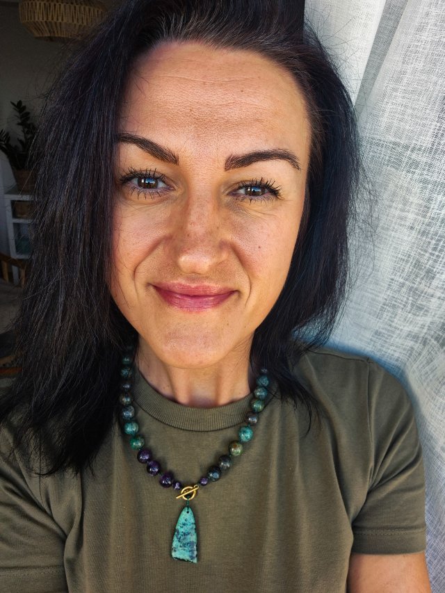 naszyjnik z azurytu ,turkusu afrykańskiego i ametystu