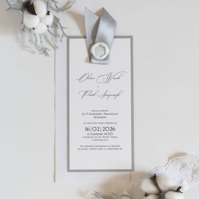 Zimowe zaproszenia ślubne srebrne z pieczęcią