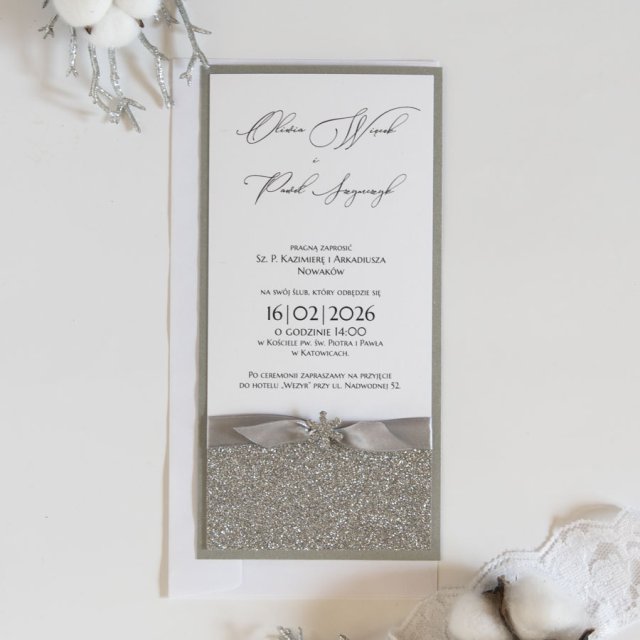 Zimowe zaproszenia ślubne srebrne "Śnieżka"