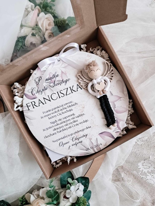 KARTKA NA CHRZEST pamiątka chrztu makramowy aniołek