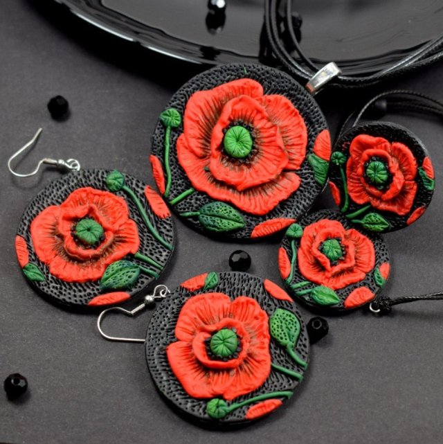 Duży komplet biżuterii "czerwone maki"