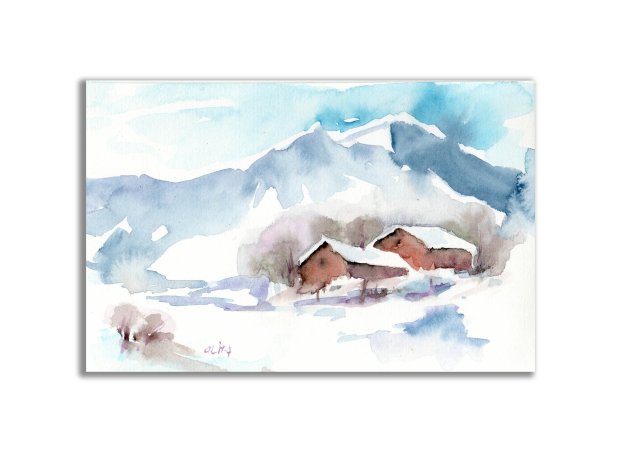 Akwarela ręcznie malowana  "Zima"+ rama
