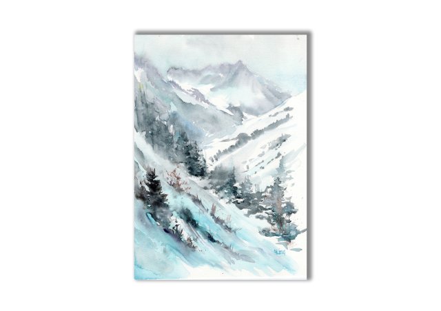 Zima. Góry. Akwarela ręcznie malowana pejzaż górski