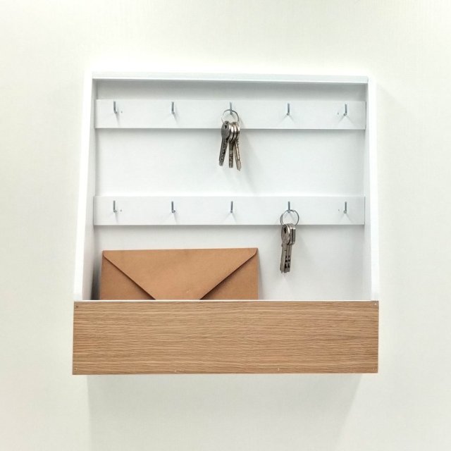 Otwarta skrzynka na klucze,10 haczyków, biały plus dąb