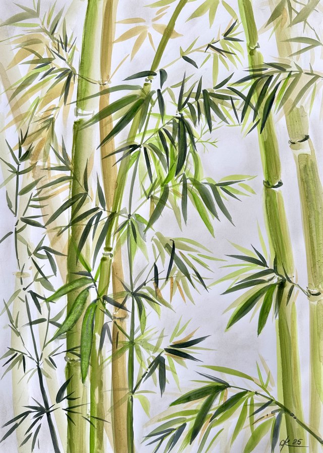 Bambus 60x24cm japońskie malarstwo sumi-e. Original Akwarela